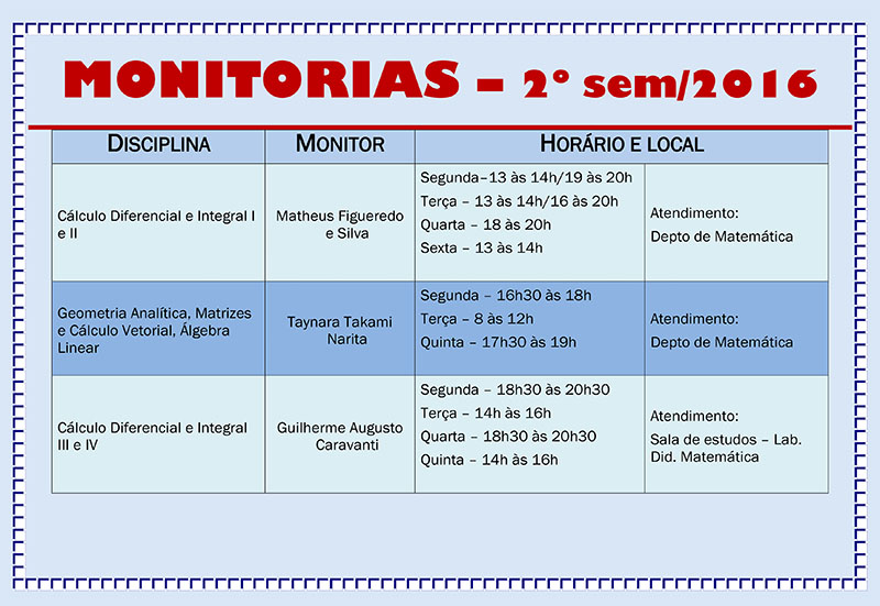 Quadro de monitorias do Departamento de Matemática